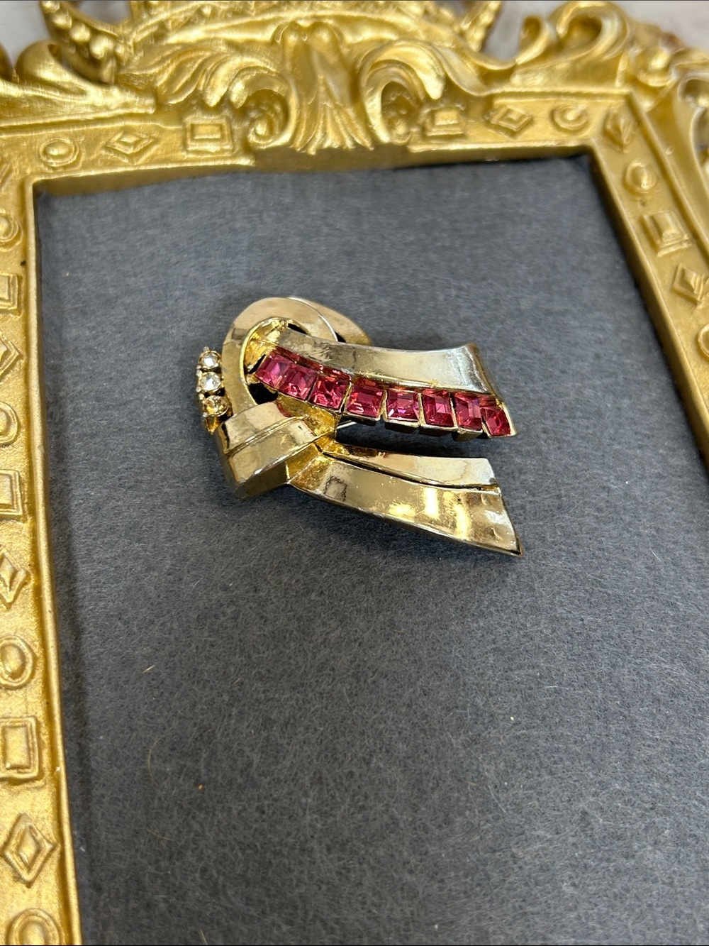 Vintage Coro Gold-Tone Ribbon Brooch with Pink Stones and Clear Accents